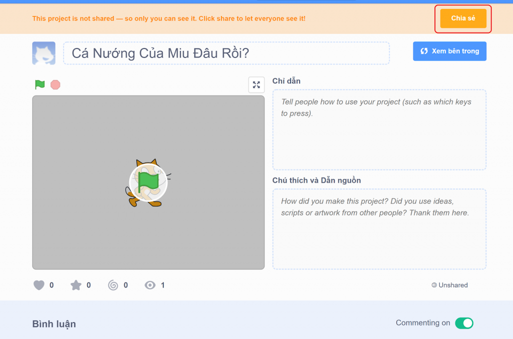 Hướng dẫn chia sẻ Trò chơi (Project) công khai trên Scratch