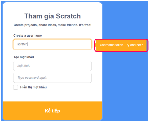 Những lỗi thường gặp khi tạo tài khoản Scratch