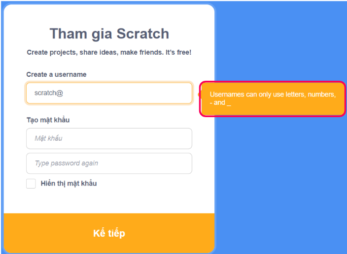Những lỗi thường gặp khi tạo tài khoản Scratch