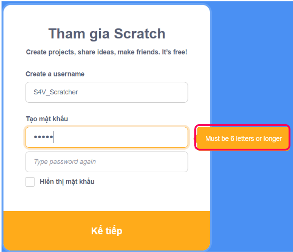 Những lỗi thường gặp khi tạo tài khoản Scratch